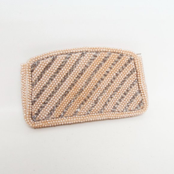 Vintage Hand Beaded Pearl Clutch Champagne Pearls Satin lining Coin Purse 7" - Picture 2 of 6